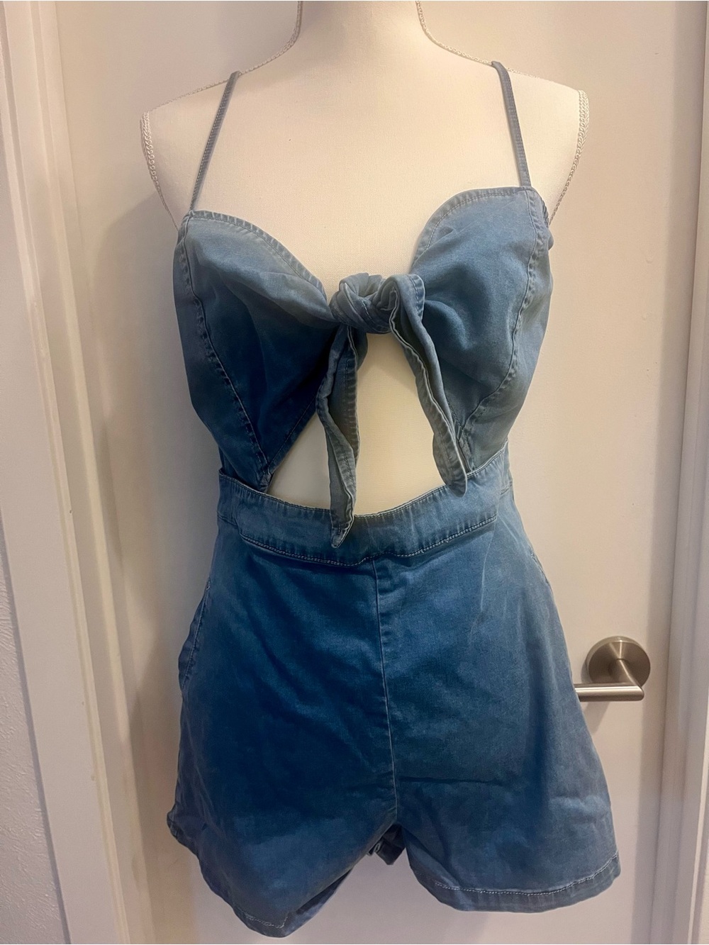 Fashion Nova Light Blue Denim Tie-Front Cutout Romper